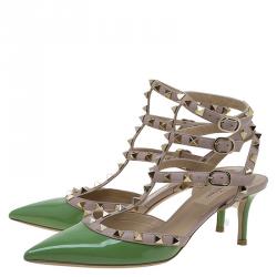 Pre Owned Valentino Green and Beige Leather Rockstud Sandals Size 37.5