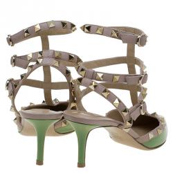 Pre Owned Valentino Green and Beige Leather Rockstud Sandals Size 37.5