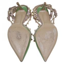 Pre Owned Valentino Green and Beige Leather Rockstud Sandals Size 37.5