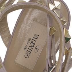 Pre Owned Valentino Green and Beige Leather Rockstud Sandals Size 37.5