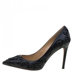 Pre Owned Valentino Black Leather Swirl Detail Pointed Toe Pumps Size 37.5