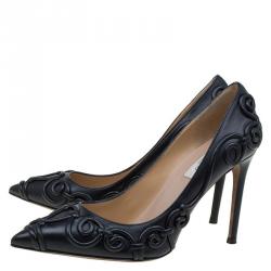 Pre Owned Valentino Black Leather Swirl Detail Pointed Toe Pumps Size 37.5