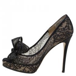 Pre Owned Valentino Black Floral Couture Bow Lace Peep Toe Platform Pumps Size 36.5