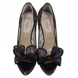 Pre Owned Valentino Black Floral Couture Bow Lace Peep Toe Platform Pumps Size 36.5