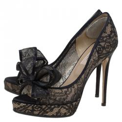 Pre Owned Valentino Black Floral Couture Bow Lace Peep Toe Platform Pumps Size 36.5