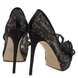 Pre Owned Valentino Black Floral Couture Bow Lace Peep Toe Platform Pumps Size 36.5