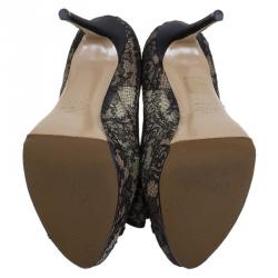 Pre Owned Valentino Black Floral Couture Bow Lace Peep Toe Platform Pumps Size 36.5