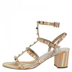 Pre Owned Valentino Native Couture 1975 Printed Leather Rockstud Block Heel Sandals Size 39.5