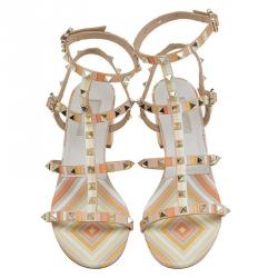 Pre Owned Valentino Native Couture 1975 Printed Leather Rockstud Block Heel Sandals Size 39.5