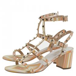 Pre Owned Valentino Native Couture 1975 Printed Leather Rockstud Block Heel Sandals Size 39.5