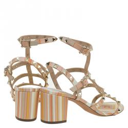 Pre Owned Valentino Native Couture 1975 Printed Leather Rockstud Block Heel Sandals Size 39.5