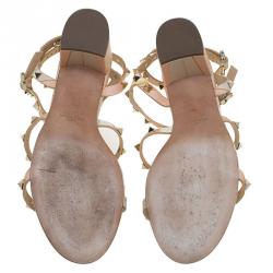 Pre Owned Valentino Native Couture 1975 Printed Leather Rockstud Block Heel Sandals Size 39.5