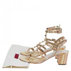 Pre Owned Valentino Native Couture 1975 Printed Leather Rockstud Block Heel Sandals Size 39.5
