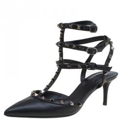 Pre Owned Valentino Black Leather Rockstud Sandals Size 39.5
