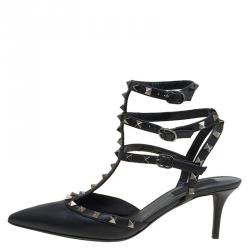 Pre Owned Valentino Black Leather Rockstud Sandals Size 39.5