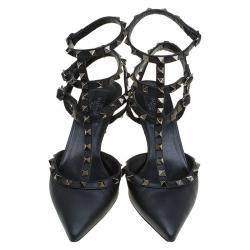 Pre Owned Valentino Black Leather Rockstud Sandals Size 39.5