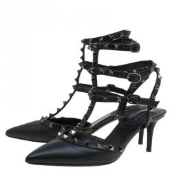 Pre Owned Valentino Black Leather Rockstud Sandals Size 39.5