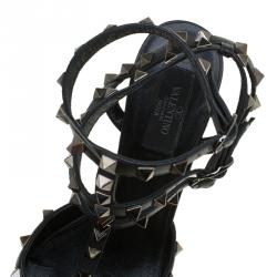 Pre Owned Valentino Black Leather Rockstud Sandals Size 39.5