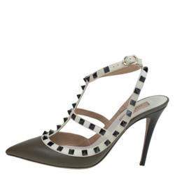 Pre Owned Valentino Olive Green and White Leather Rockstud Sandals Size 39