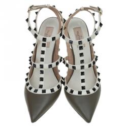 Pre Owned Valentino Olive Green and White Leather Rockstud Sandals Size 39