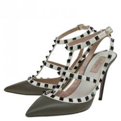 Pre Owned Valentino Olive Green and White Leather Rockstud Sandals Size 39