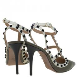 Pre Owned Valentino Olive Green and White Leather Rockstud Sandals Size 39