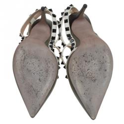 Pre Owned Valentino Olive Green and White Leather Rockstud Sandals Size 39