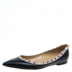 Pre Owned Valentino Black Leather Rockstud Ballet Flats Size 38