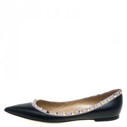 Pre Owned Valentino Black Leather Rockstud Ballet Flats Size 38