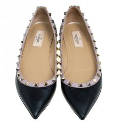 Pre Owned Valentino Black Leather Rockstud Ballet Flats Size 38