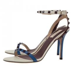 Pre Owned Valentino Tri Color Leather Rockstud Ankle Strap Sandals Size 40.5