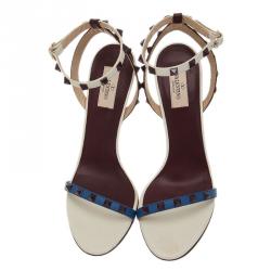 Pre Owned Valentino Tri Color Leather Rockstud Ankle Strap Sandals Size 40.5
