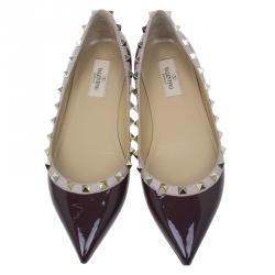 Pre Owned Valentino Maroon Patent Rockstud Ballet Flats Size 38.5
