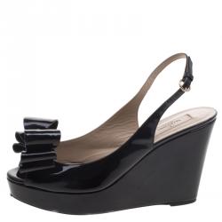 Pre Owned Valentino Black Patent Leather Versailles Bow Slingback Wedge Sandals Size 39