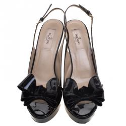 Pre Owned Valentino Black Patent Leather Versailles Bow Slingback Wedge Sandals Size 39