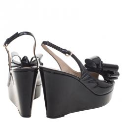 Pre Owned Valentino Black Patent Leather Versailles Bow Slingback Wedge Sandals Size 39
