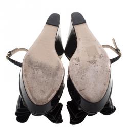 Pre Owned Valentino Black Patent Leather Versailles Bow Slingback Wedge Sandals Size 39