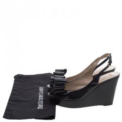 Pre Owned Valentino Black Patent Leather Versailles Bow Slingback Wedge Sandals Size 39