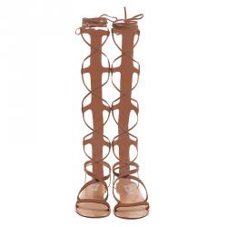 Pre Owned Valentino Brown Leather Knee- High Gladiator Sandals Size 36.5