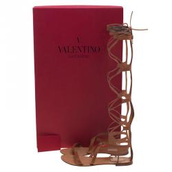 Pre Owned Valentino Brown Leather Knee- High Gladiator Sandals Size 36.5