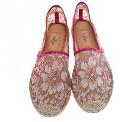 Pre Owned Valentino Pink Lace and Leather Espadrilles Size 40