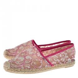 Pre Owned Valentino Pink Lace and Leather Espadrilles Size 40