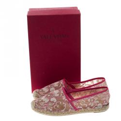 Pre Owned Valentino Pink Lace and Leather Espadrilles Size 40
