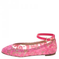 Pre Owned Valentino Pink Lace Ankle Strap Ballet Flats Size 36