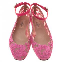 Pre Owned Valentino Pink Lace Ankle Strap Ballet Flats Size 36