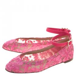 Pre Owned Valentino Pink Lace Ankle Strap Ballet Flats Size 36