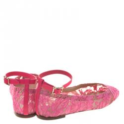Pre Owned Valentino Pink Lace Ankle Strap Ballet Flats Size 36