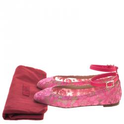 Pre Owned Valentino Pink Lace Ankle Strap Ballet Flats Size 36