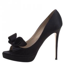 Pre Owned Valentino Black Satin Couture Bow Peep Toe Platform Pumps Size 40