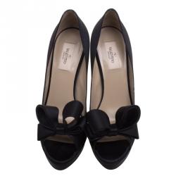 Pre Owned Valentino Black Satin Couture Bow Peep Toe Platform Pumps Size 40